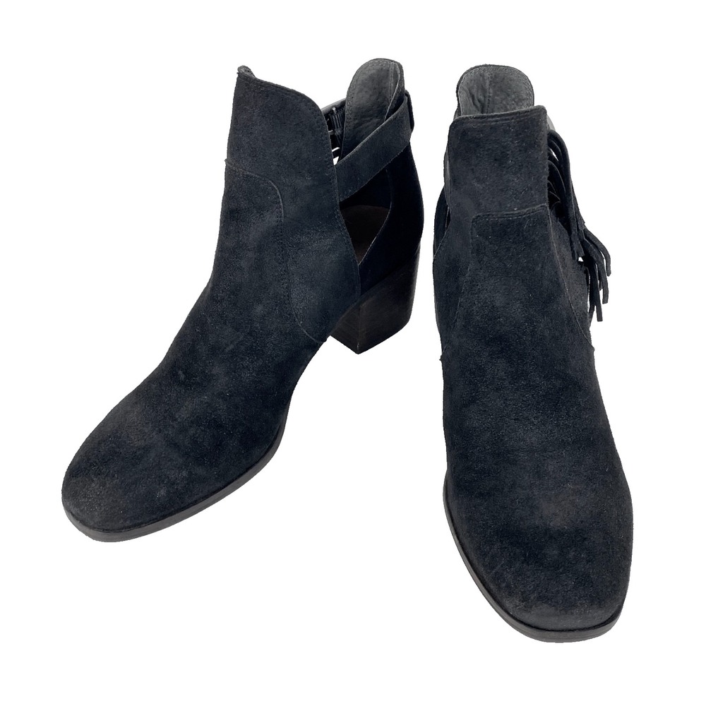 Lucky Brand Suede Leather Ankle Boots Women's 9 M Black Makenna 39 Fringe 39 EUC
